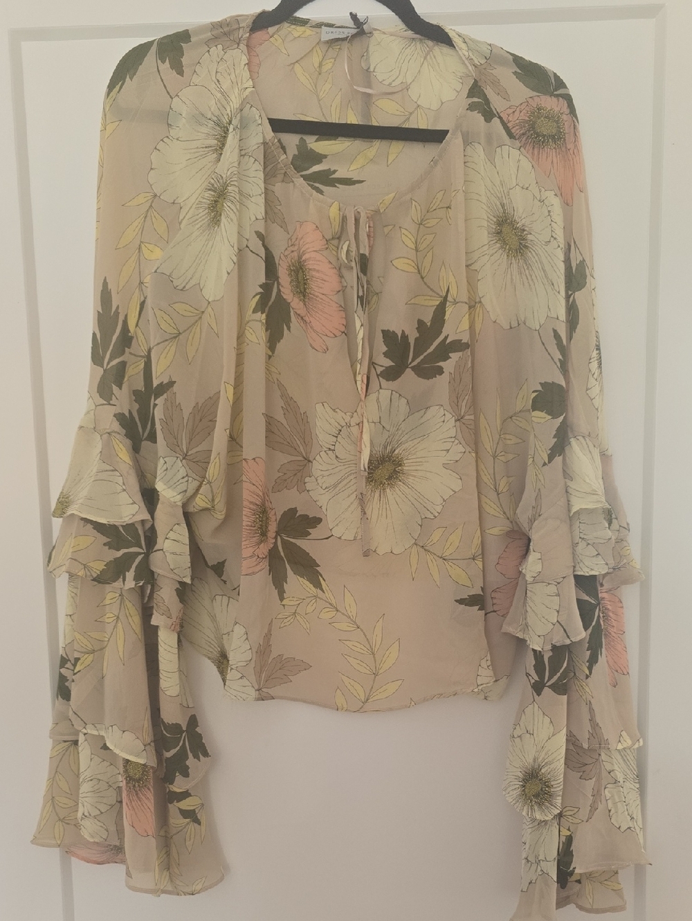 Dress Forum Taupe Floral Ruffle-Sleeve Tie-Neck Blouse